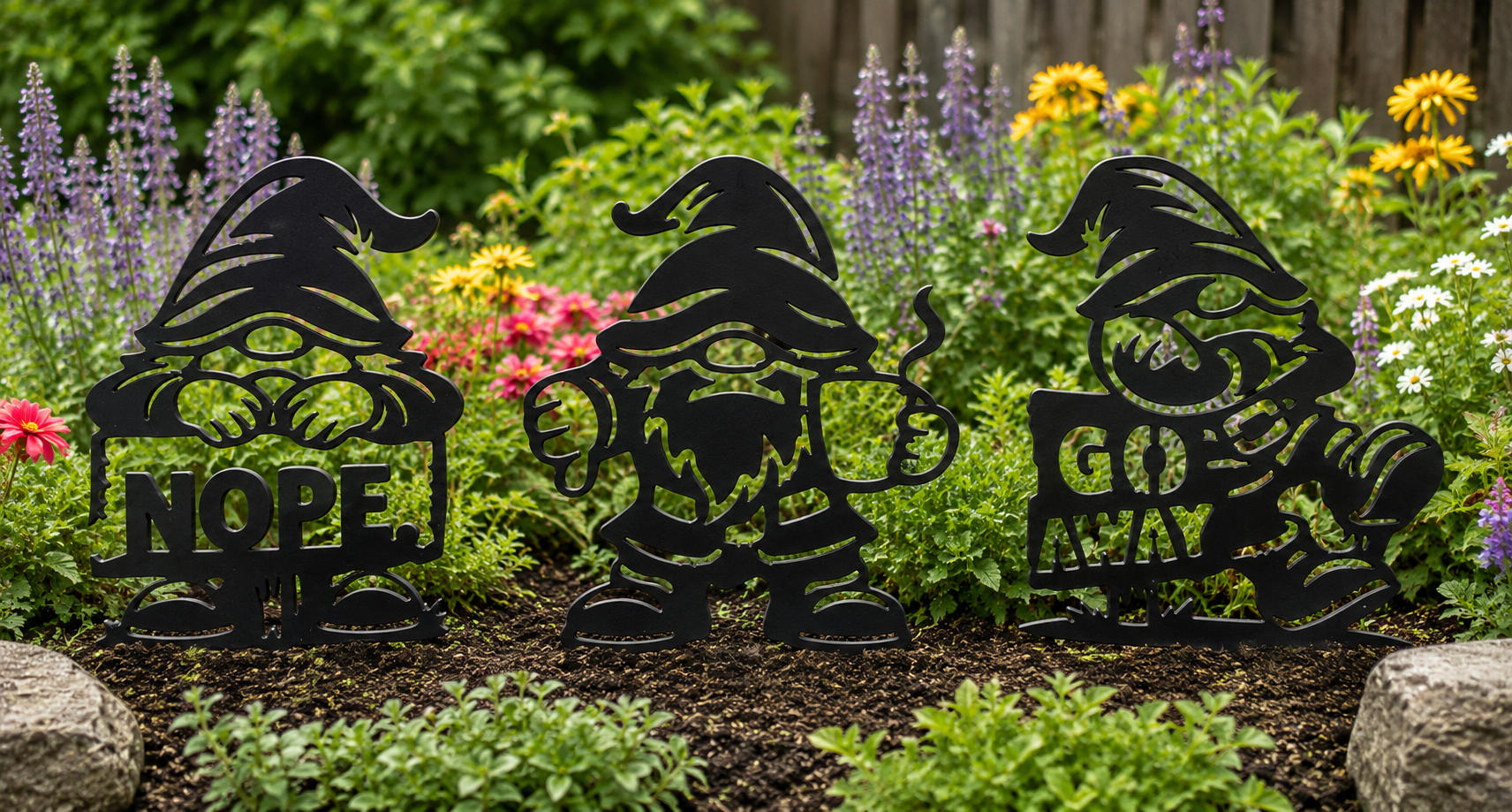 3 Grumpy Metal Garden Gnomes