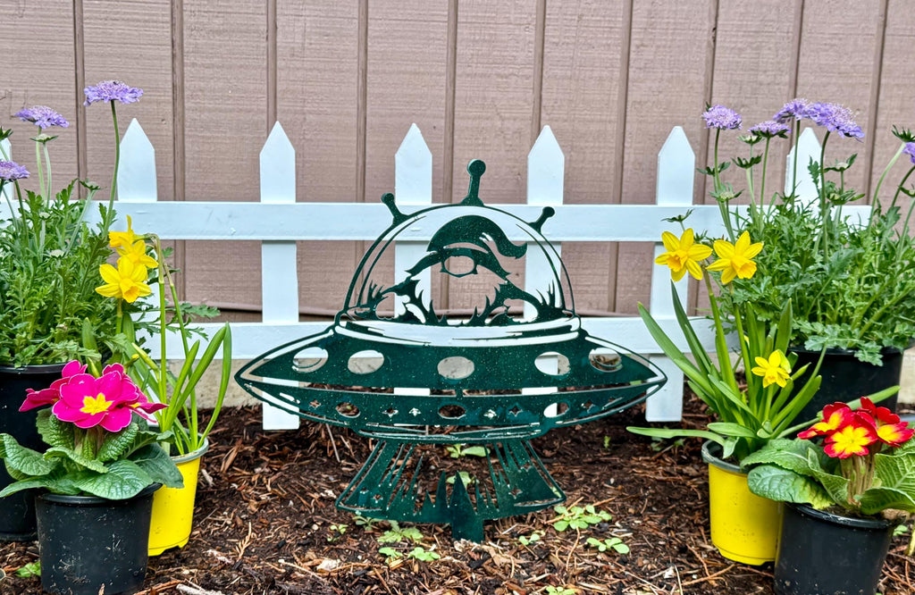 UFO Abduction Garden Gnome – Plasma Cut Metal Yard Art Sign